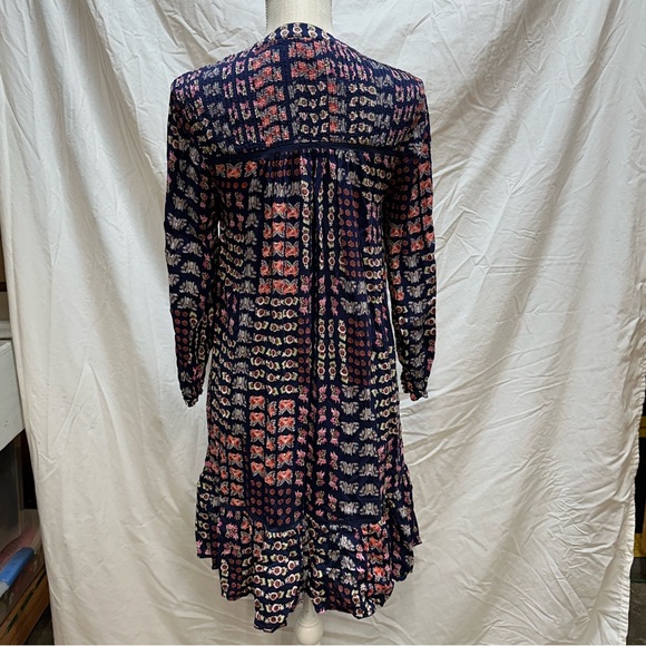 Anthropologie Blue Floral Patchwork Ruffled Hem Split Neck Midi Dress Size XXS - Picture 7 of 12